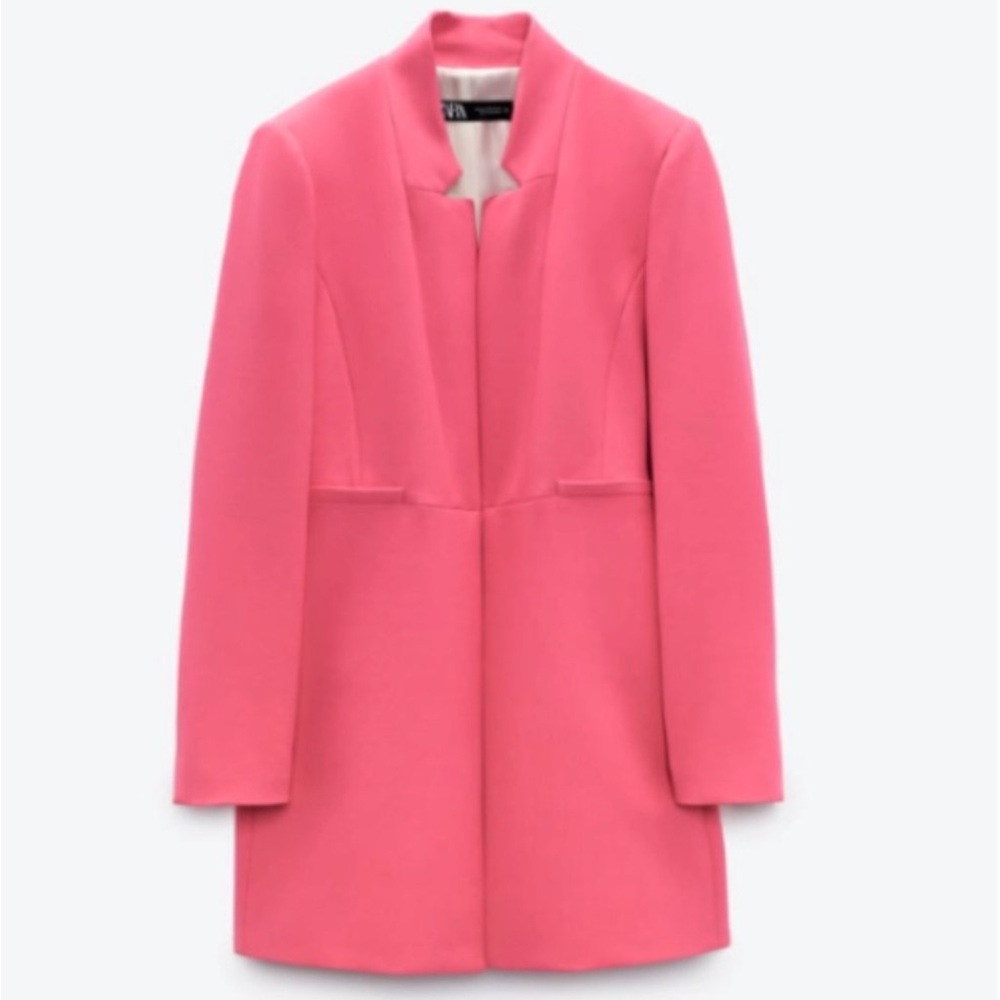 ZARA WOMEN FITTED INVERTED LAPEL FROCK COAT LONG BLAZER PINK Medium